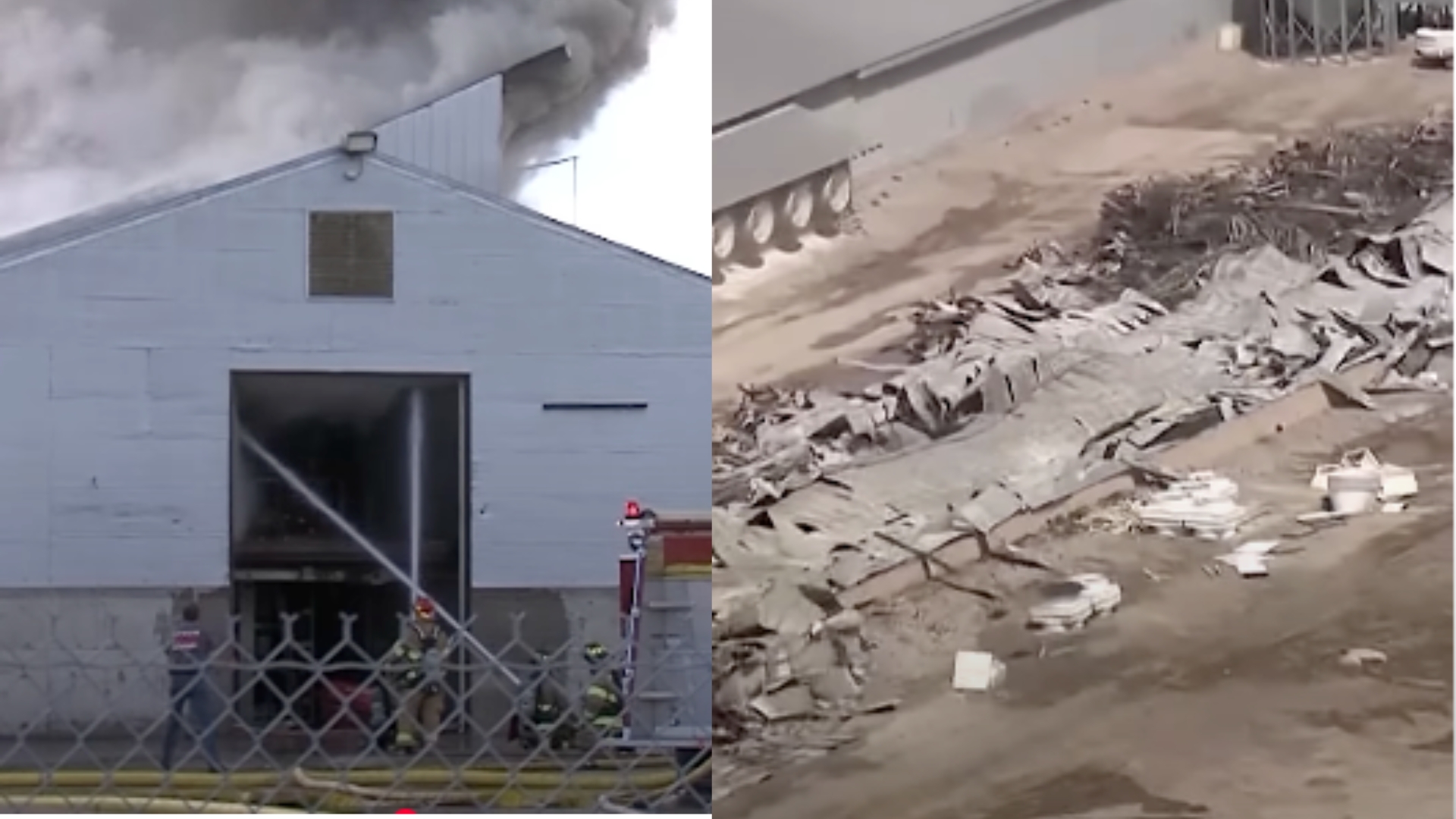 Side-by-side comparison of a warehouse fire and its aftermath—left shows firefighters responding to smoke billowing from a white industrial building; right shows the site cleared down to rubble and debris.