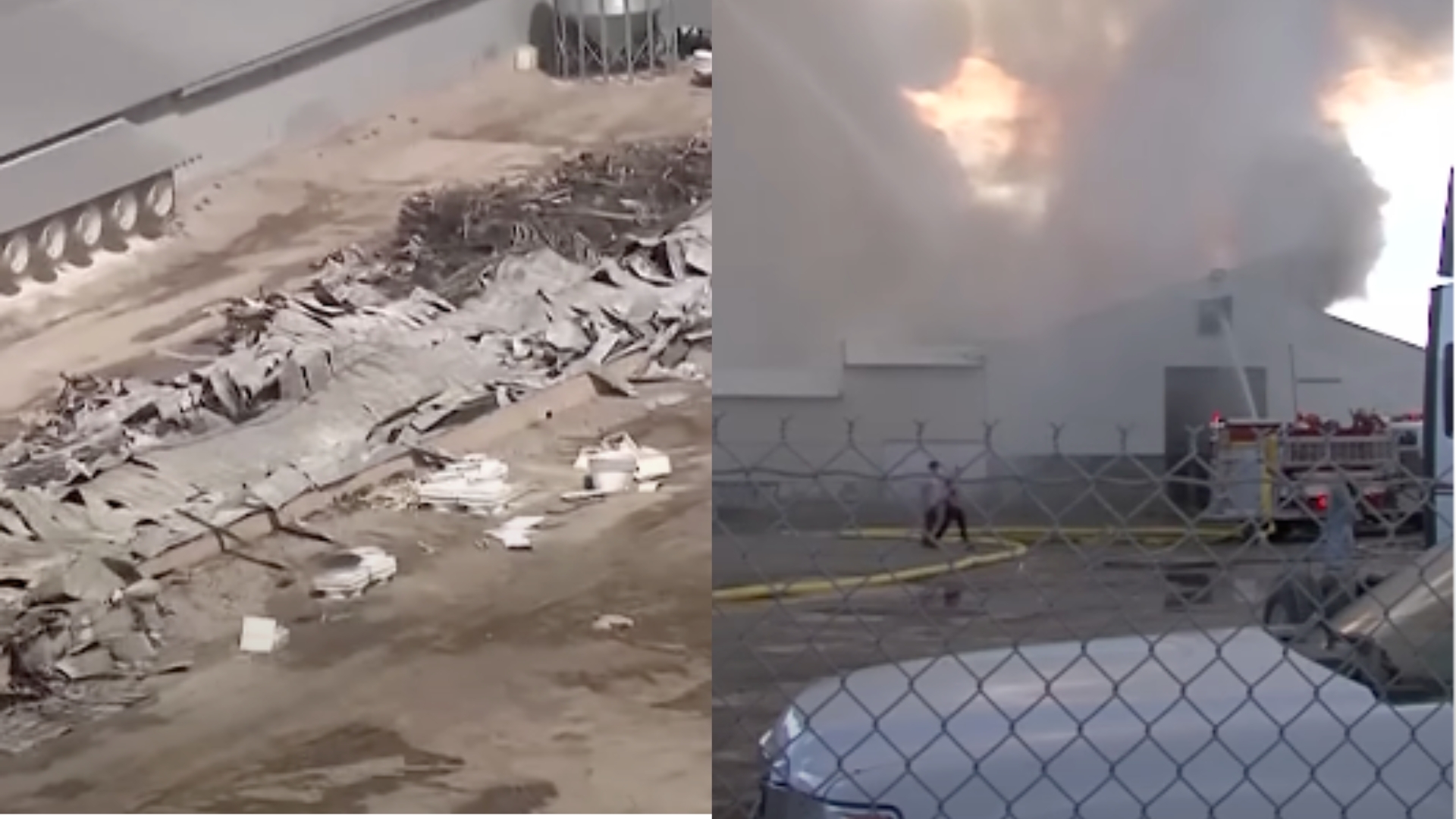 Before and after view of a warehouse fire—right shows flames and smoke rising from the building as firefighters respond; left shows the aftermath with the structure reduced to rubble and debris.